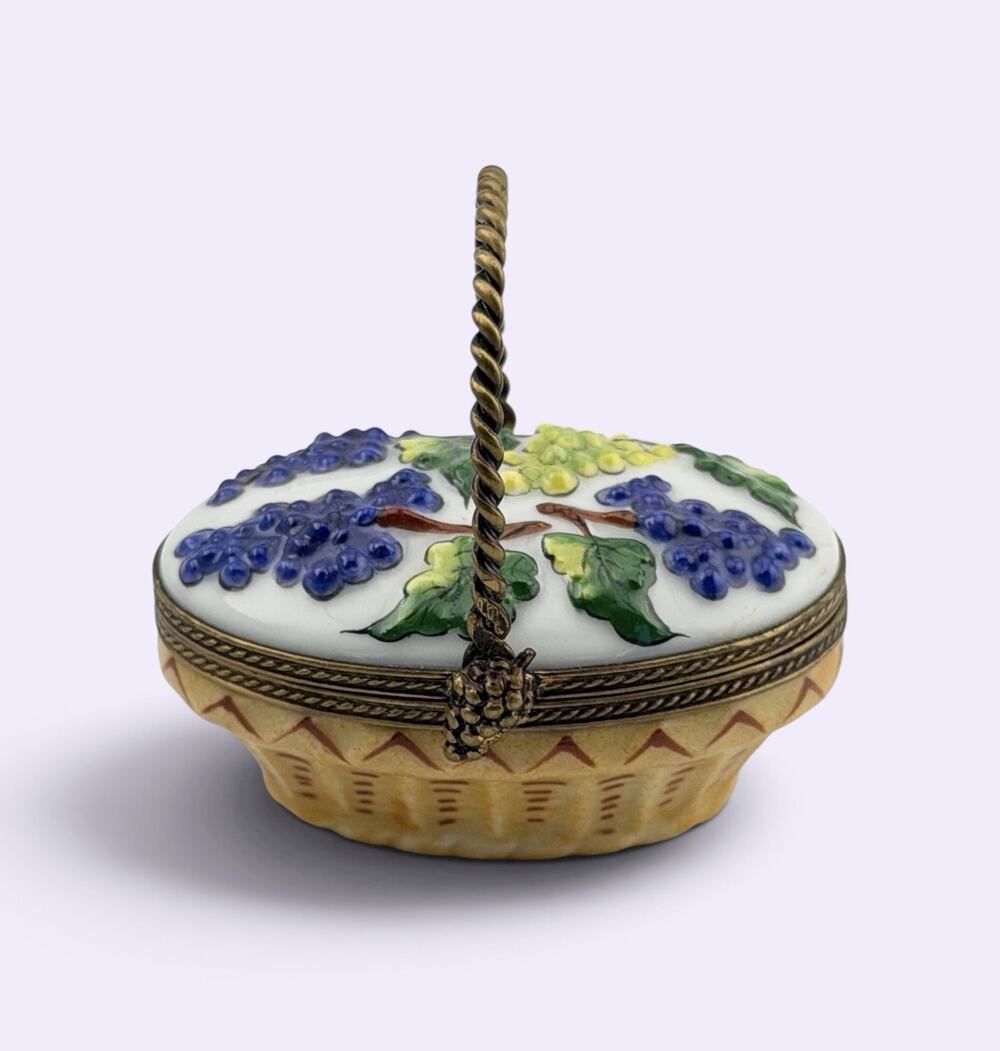 Limoges Chamart Trinket Box Basket of Grapes 1990s Porcelain Hand Painted 3"